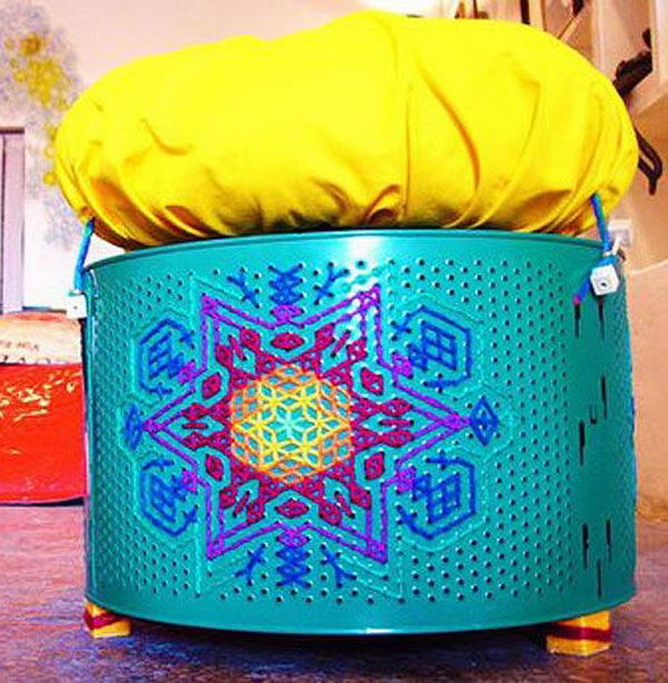 Embroidered Stool Made From Washing Machine Drums.