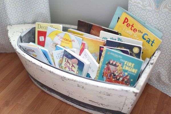 Boat bookcase for nautical boy nursery.
