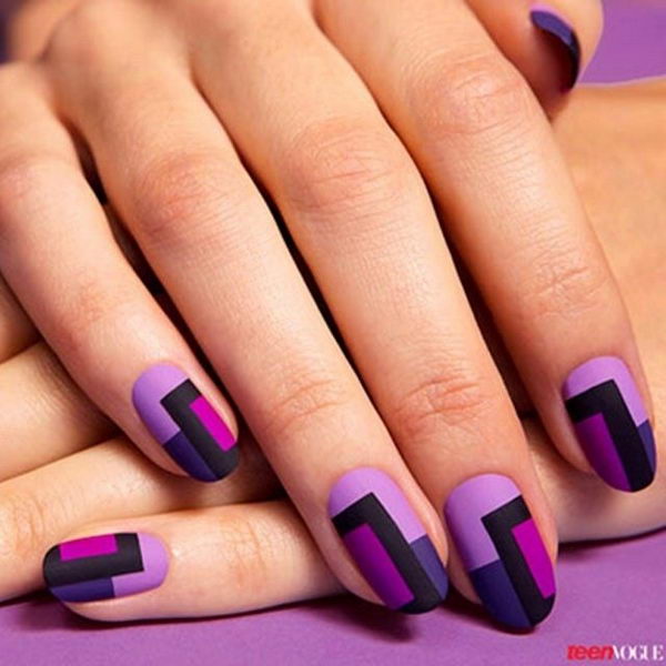 Cool Color Block Nail Art. A funky, modern look which stands out best when you use strong, contrasting colors. It involves painting neat geometric shapes on each fingernail, using different colored polishes.