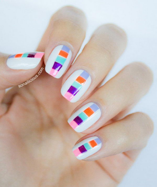 Cool Color Block Nail Art. A funky, modern look which stands out best when you use strong, contrasting colors. It involves painting neat geometric shapes on each fingernail, using different colored polishes.