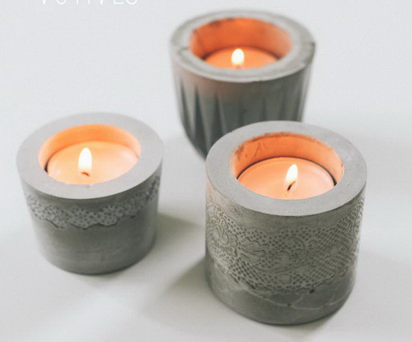 DIY Laced Cement Candle Holder. Concrete isn’t just for the infrastructure and base of certain buildings. You can use concrete in a variety of DIY projects, and infuse it into everyday products.