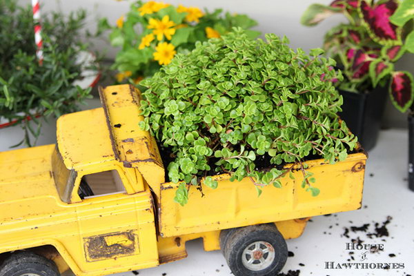 Truck toy gardening. These container gardening ideas offer a great way to brighten your surroundings immediately. Make your home look different unique and interesting.