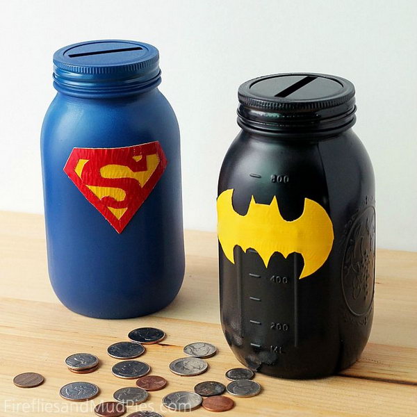 Mason Jar Superhero Banks. A great way to introduce the concept of saving and spending to your little ones.