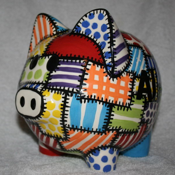Piggy Bank with Quilted Colors. A great way to introduce the concept of saving and spending to your little ones.