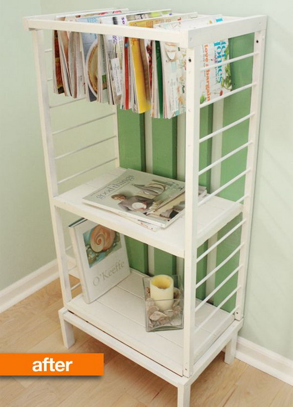 Obsolete crib makes a fantastically functional set of shelves.