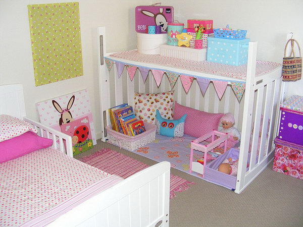 Crib upside down as a playhouse for kids.