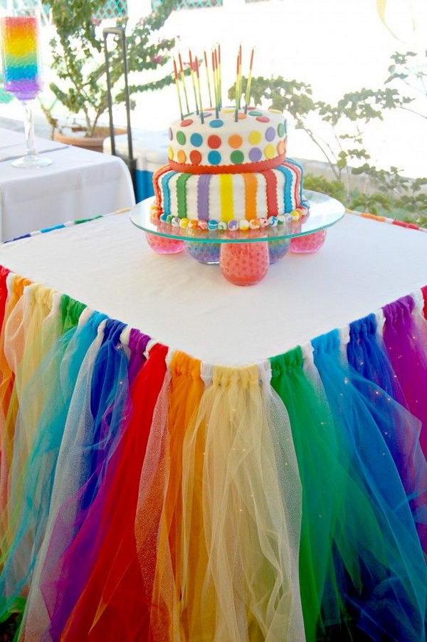 Rainbow Table Decor. Rainbow colors are perfect for a festive event, from kids or adult birthdays to anniversaries or graduation.