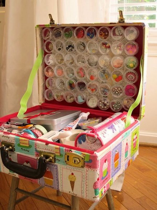 old suitcase craft supplies holder. Smart, well-organized, bright and beautiful. The right storage containers can make a difference in storing your possessions for safekeeping and easy access.