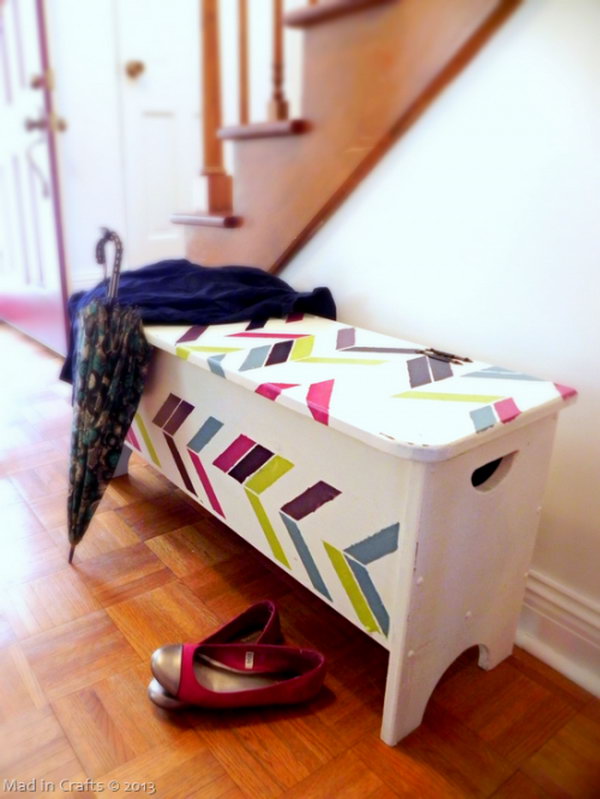 herringbone entryway storage bench. Smart, well-organized, bright and beautiful. The right storage containers can make a difference in storing your possessions for safekeeping and easy access.