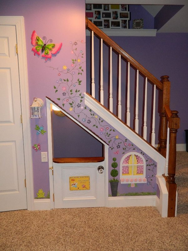 Playhouses under the stairs. Great idea to bring the fun indoors.