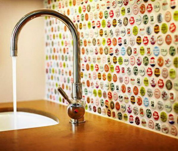 Bottle cap backsplash. Not only protect the walls from staining, but also add a decorative touch to your kitchen design.