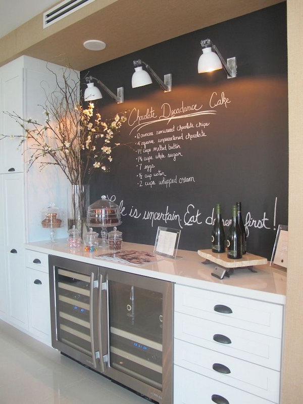 Chalkboard kitchen backsplash. Not only protect the walls from staining, but also add a decorative touch to your kitchen design.