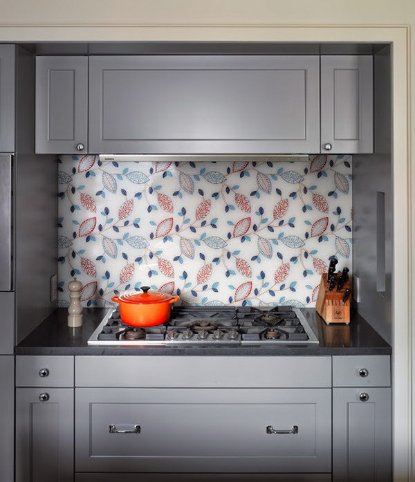 Kitchen glass fabric backsplash. Not only protect the walls from staining, but also add a decorative touch to your kitchen design.