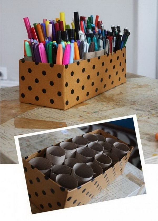Make an organizer with shoe box and toilet paper tubes. Creatively organized home office boosts your mood and make you more productive.