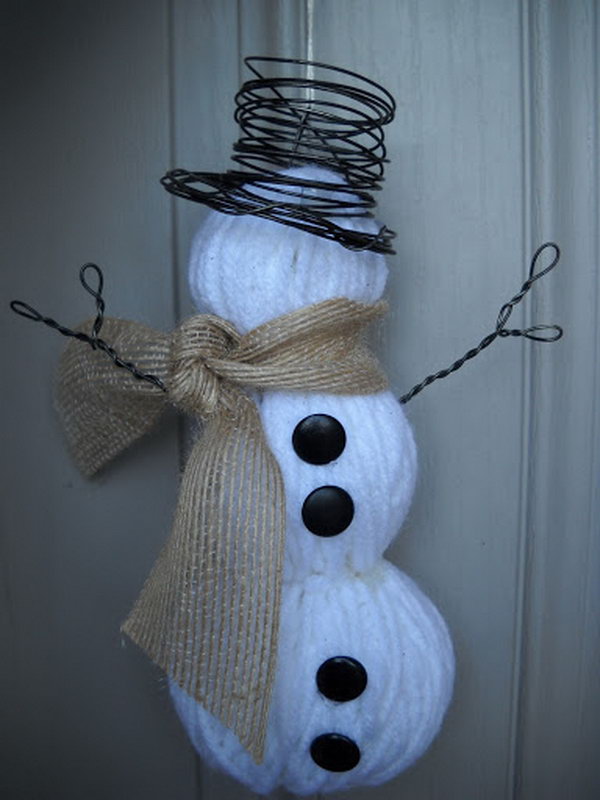 Make a snowman with yarn wrapped foam balls. Add charm to any Christmas tree or gift box, and make charming and thoughtful holiday presents for friends and family members.