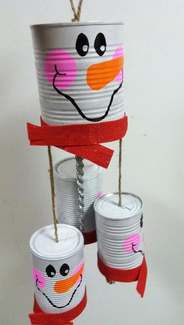 Snowman Windchime Made from Recycled Cans. 