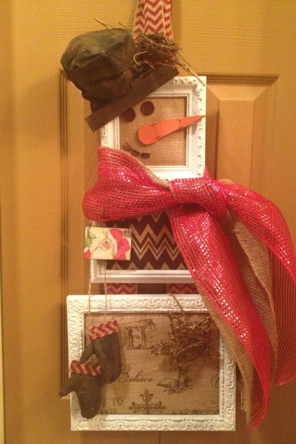 Snowman wreath from picture frames and burlap backing. 