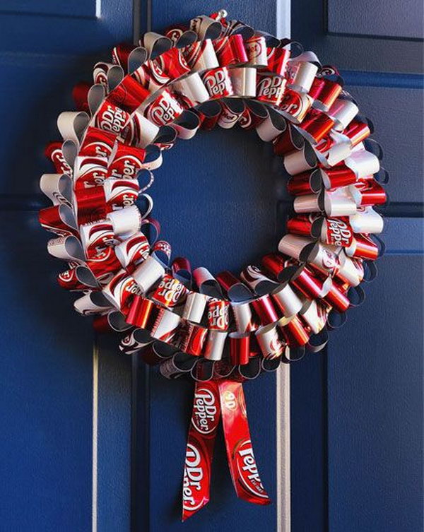 Soda can wreath. After drinking soda from aluminum cans, you can recycle your soda cans to create interesting projects instead of tossing the empty cans into the garbage or recycling bin.