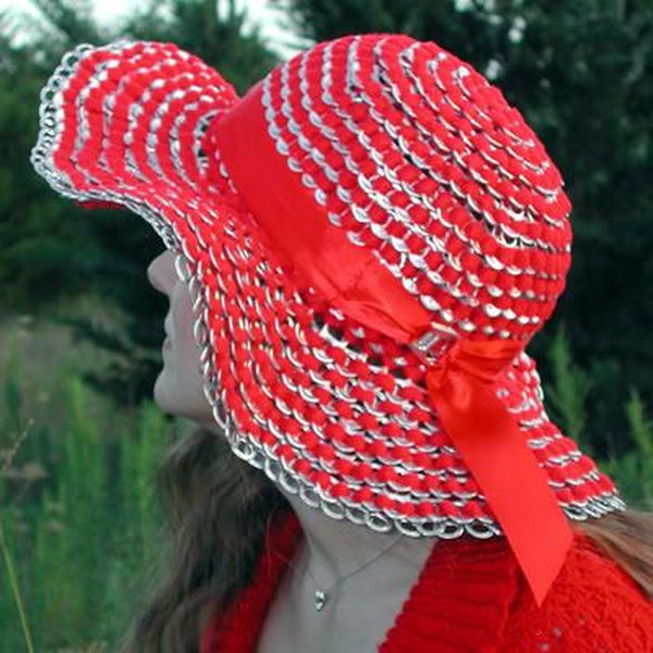 Sun hat made of can tab. After drinking soda from aluminum cans, you can recycle your soda cans to create interesting projects instead of tossing the empty cans into the garbage or recycling bin.