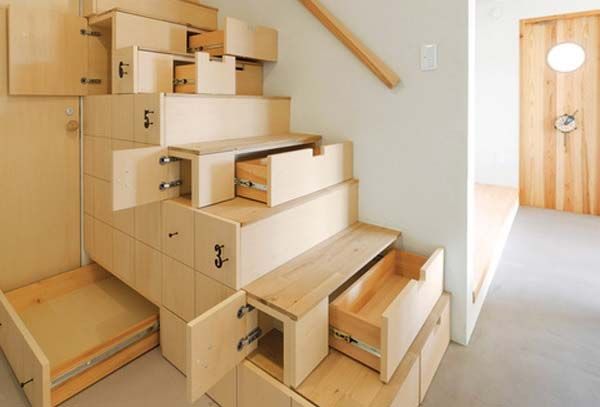 crazy stair storage. The space under a staircase can be used to keep everyday clutter out of the way.