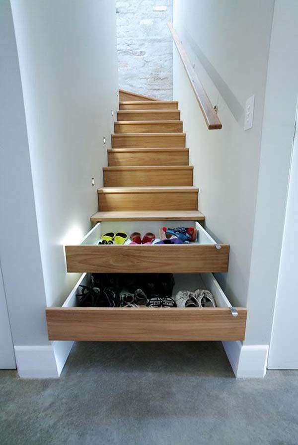 staircase drawers. The space under a staircase can be used to keep everyday clutter out of the way.