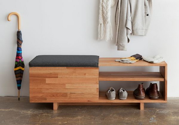 Two shelves storage bench. Allow you to store books, shoes and other items in the bench, and sit on it while having the supply's in the compartments.