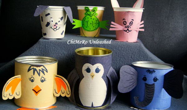Tin can animals. Tin cans are not just for stacking up in your cabinet, tossing in the trash or sending to the recycle bin. Combine those with a rope, paints, craft papers and a generous helping of crazy imagination, and you will have a cool creation on your hands.