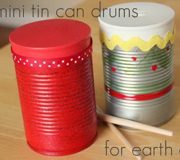 Mini tin can drums. Tin cans are not just for stacking up in your cabinet, tossing in the trash or sending to the recycle bin. Combine those with a rope, paints, craft papers and a generous helping of crazy imagination, and you will have a cool creation on your hands.