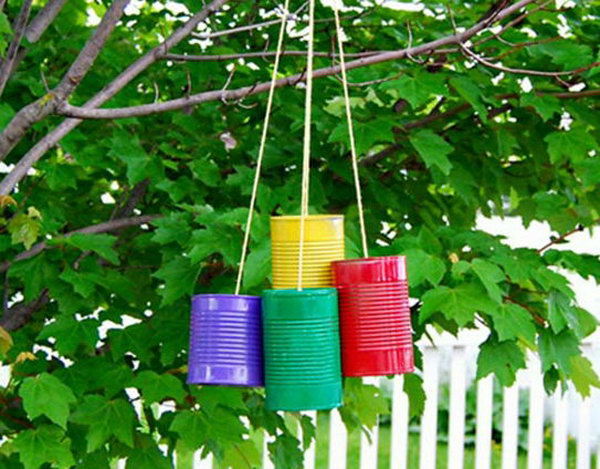 Tin can wind chime. Tin cans are not just for stacking up in your cabinet, tossing in the trash or sending to the recycle bin. Combine those with a rope, paints, craft papers and a generous helping of crazy imagination, and you will have a cool creation on your hands.