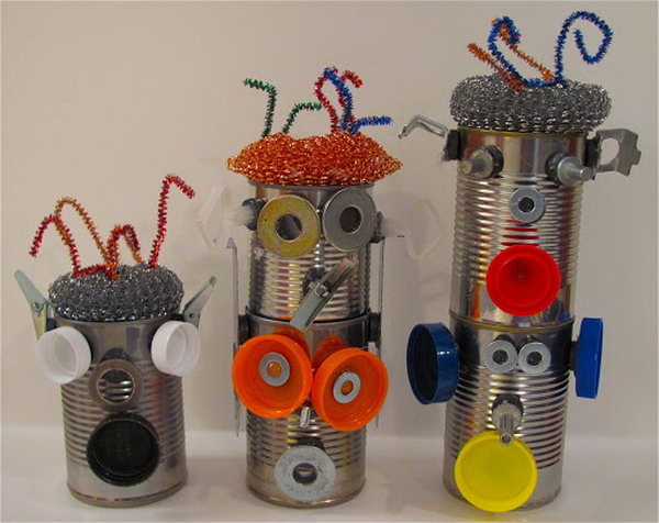 Tin can magnetic robots. Tin cans are not just for stacking up in your cabinet, tossing in the trash or sending to the recycle bin. Combine those with a rope, paints, craft papers and a generous helping of crazy imagination, and you will have a cool creation on your hands.