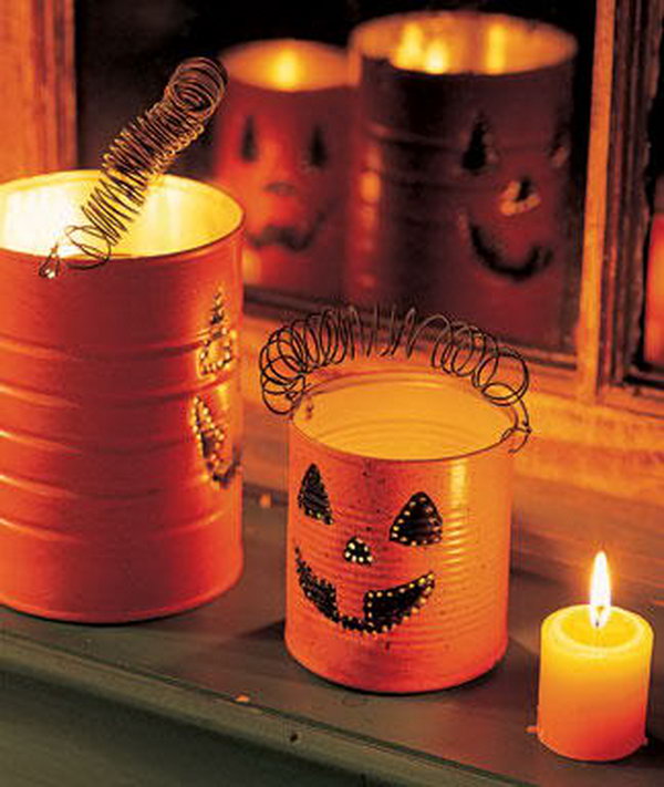 Make pumpkin lanterns with tin cans. Tin cans are not just for stacking up in your cabinet, tossing in the trash or sending to the recycle bin. Combine those with a rope, paints, craft papers and a generous helping of crazy imagination, and you will have a cool creation on your hands.