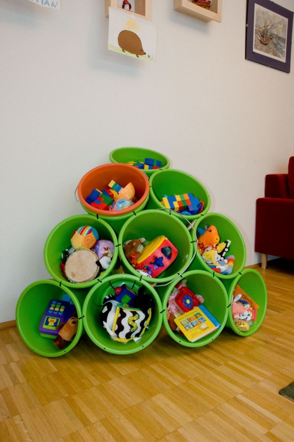 buckets and zip tiles as diy toy storage,