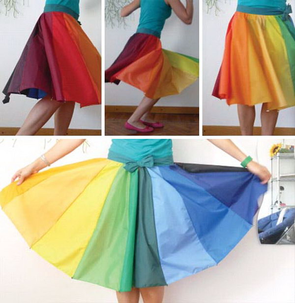 Umbrellas converted into colorful clothes.