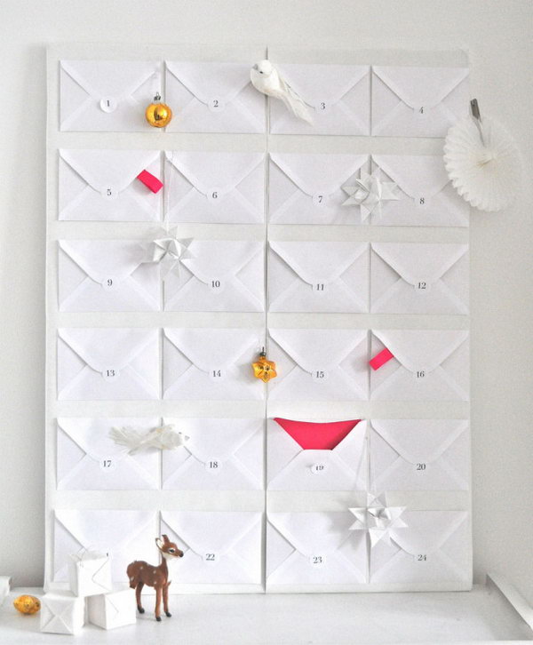 Paper envelope advent. This advent calendar is a fun, popular way for kids and adults to count down the days until Christmas. Kids would love the surprises hidden behind each day.