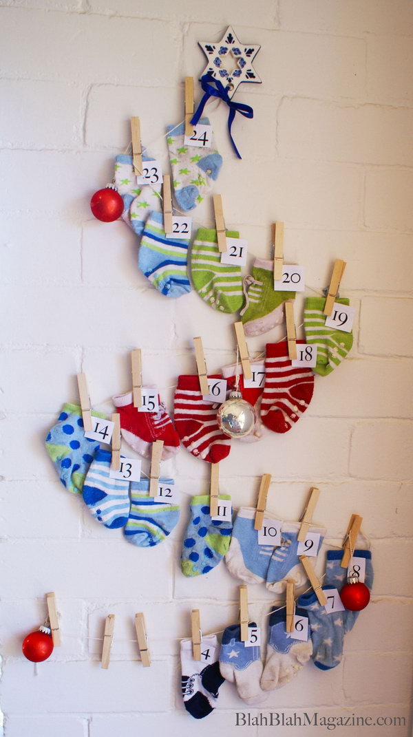 Sock advent calendar. This advent calendar is a fun, popular way for kids and adults to count down the days until Christmas. Kids would love the surprises hidden behind each day.