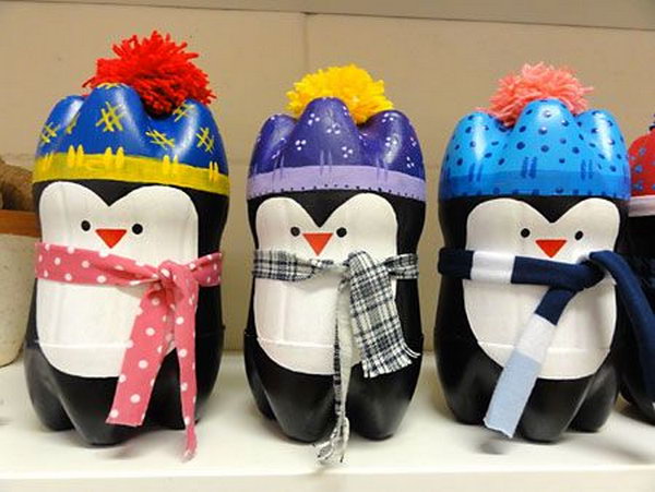 Grab those empty bottles and make a huddle of penguins for your mantle this winter. It is a great craft to teach kids recycling.  