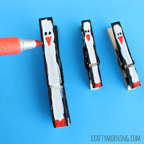 Grab some clothespins to make penguins. Kids can make them to play with or put them on a winter Christmas card for someone. They are more adorable with little scarves on. 