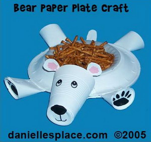 Polar bear dessert dish craft for kids made with paper plate and paper cups. 