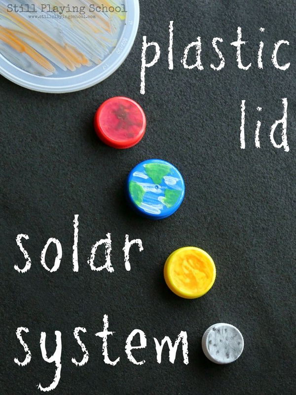 This simple solar system of recycled plastic lid planets is perfect for space science unit. 