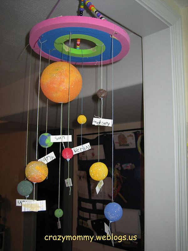 Simple Solar System mobile craft made from recycled circular foams, yarn and foam balls in assorted sizes. Space the planets according their distance to the Sun and attach labels on the yarn to name the planets. 