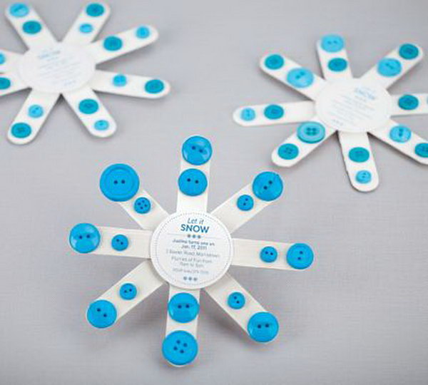 Cute snowflake invitation made with ice-pop sticks and buttons, 