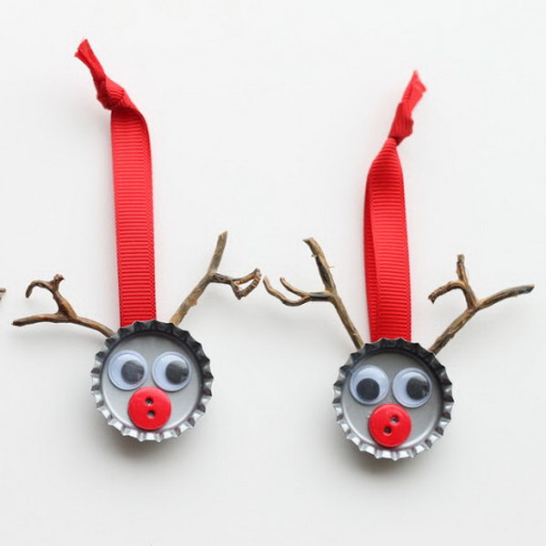 Create bottle cap reindeer crafts for kids. You can hang them on your tree or give them as gifts.  