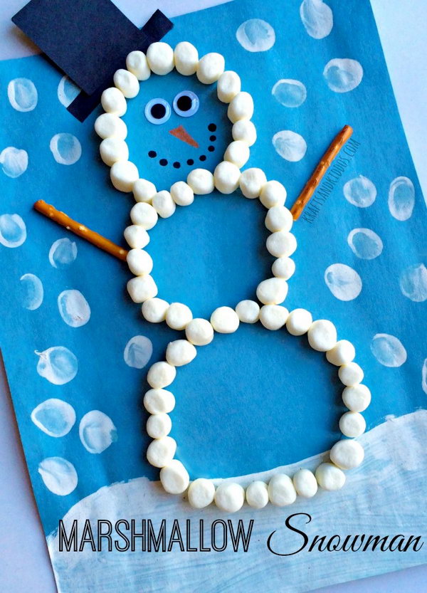 Kids of different ages can enjoy creating their very own snowman out of marshmallows. 