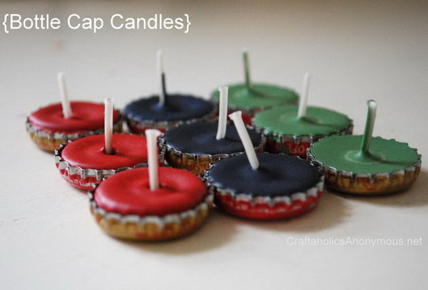 These bottle cap candles are perfect for lighting cozy outdoor areas or packing for camping. 