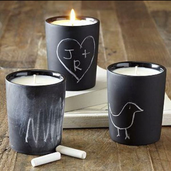 These chalkboard candles are hand painted with chalkboard paint that can be personalized to your heart's desire, from a child's magical message to a passionate note between lovers.  
