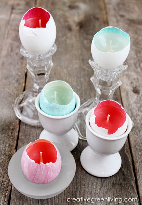 What a great idea to use egg shells as homemade candles. They are great for an Easter centerpiece. 