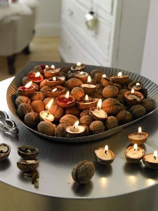 Cute candles from nut shells, 