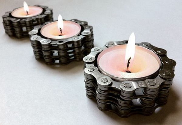 These delicate candles inside the durable repurposed bike chains creates the perfect combination of hard and soft elements. 