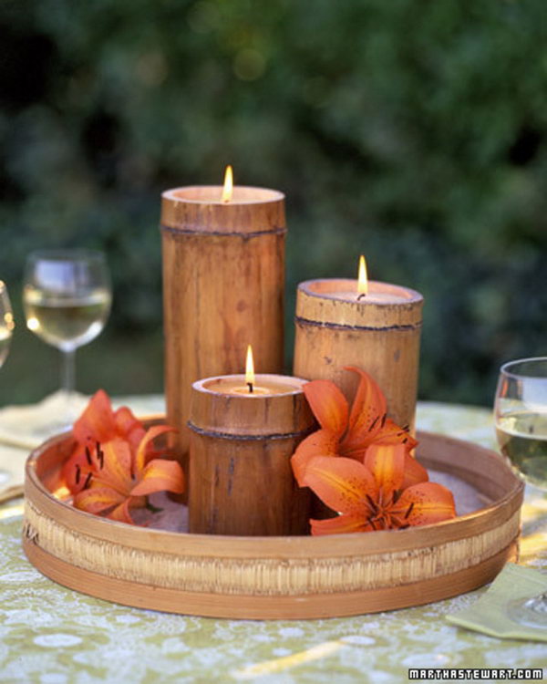 What a pretty way to decorate the table with these bamboo candles when you're entertaining outdoors. 