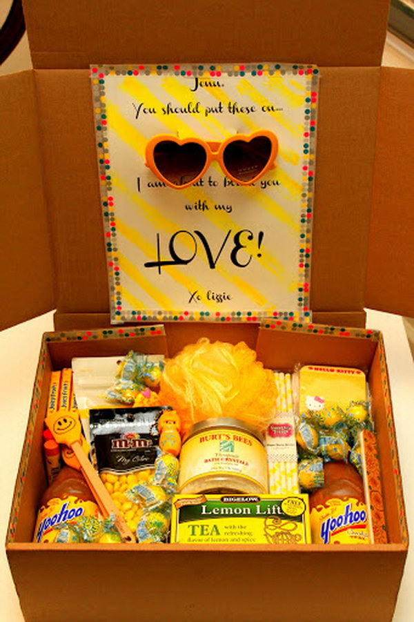 Fill a box with fun yellow gifts, and blind your friend with your love. 
